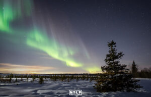 Northern Lights over river in the winter